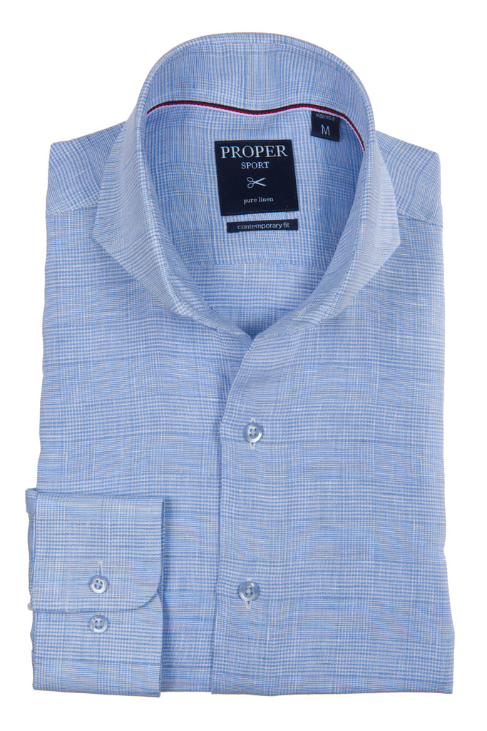 40% OFF!! Blue Linen Glen Plaid Contemporary fit Cutaway Collar Shirt