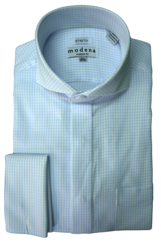 Blue Check Cutaway Collar Dress Shirt