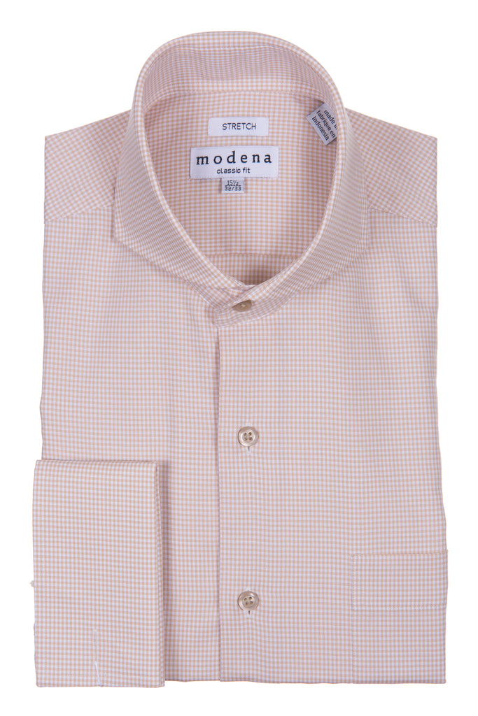 Tan Mini-Gingham Cutaway Collar Shirt