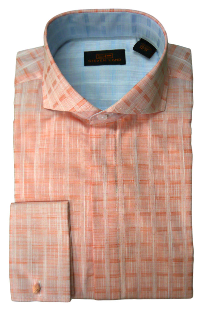 Peach Tonal Plaid Cutaway Collar Dress Shirt