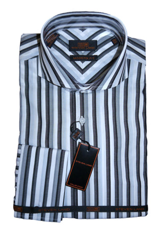 Black and White Striped Modern Fit Cutaway Collar Shirt
