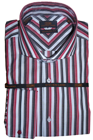 Red, Black and White Striped Modern Fit Cutaway Collar Shirt