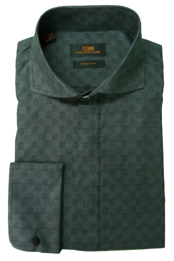 Black and Charcoal Checked Cutaway Collar Dress Shirt