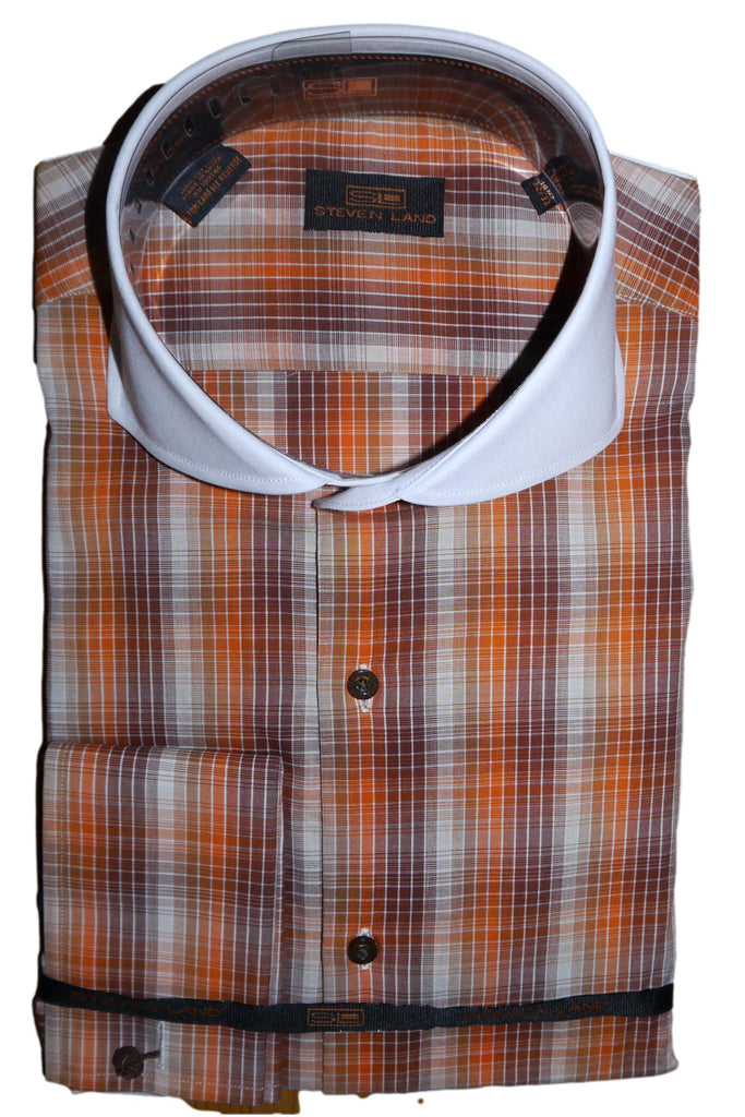 Orange and Brown Plaid Cutaway Collar Shirt